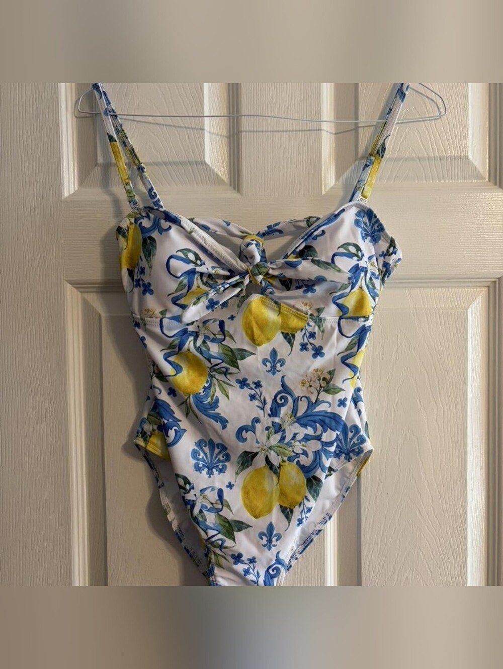Shein Multi Lemon Print Tie Front Cutout One-Piece Swimsuit